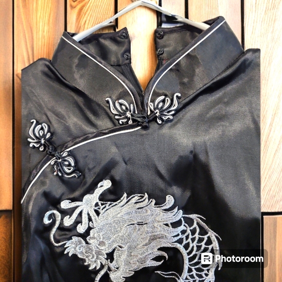 Traditional Chinese Black Satin Shirt with Dragon Embroidery - Picture 6 of 7